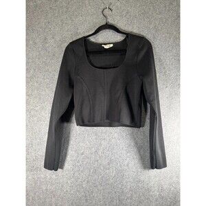 Happily Grey Blouse Women XL Black Square Neck Long Sleeve Cropped Baddie Urban
